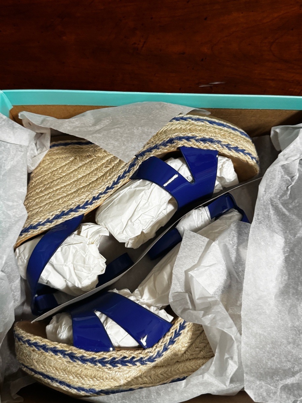 Nina Royal Blue Patent Espadrille Wedge Sandals
